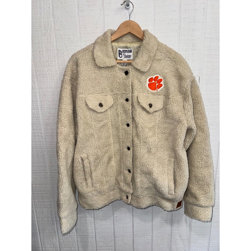 Pressbox Clemson Tigers Jacket Women Cream Sherpa Faux Fur Trucker XL